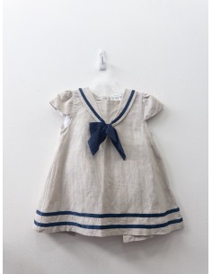 vestido lino beige con lazo azul y calzon
