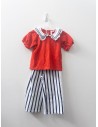 set pantalon blanco rayas azules, top rojo con detalles blancos y azules