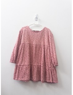 vestido manga larga rosado con florcitas rojas