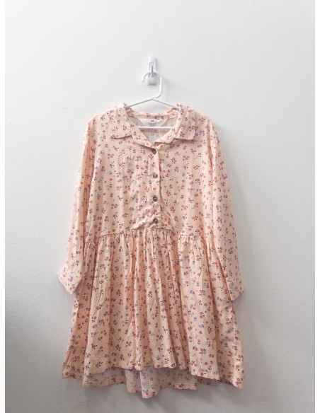 vestido manga larga rosa pastel con florcitas lila y rosadas