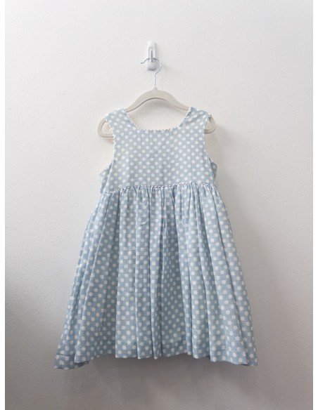 vestido lino celeste con polka dots blancos