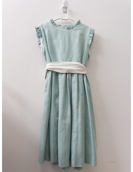 vestido lino celeste con cinta blanca en cintura