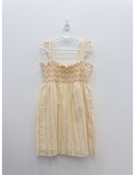 vestido amarillo patito con rayas rosadas