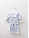 sets de pantalon y blusa tejida celeste con blanco y flores rosadas