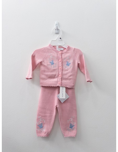 set pantalon  y sueter tejidos rosado con mariposas azules, nuevo
