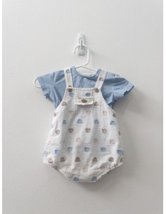 set top celeste y romper con ositos bordados, manchado