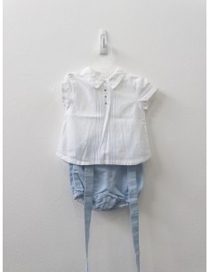set romper celeste con top blanco lino