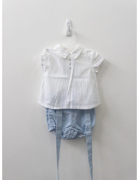 set romper celeste con top blanco lino