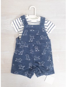 set enterizo azul con perros blancos y top rayas azules