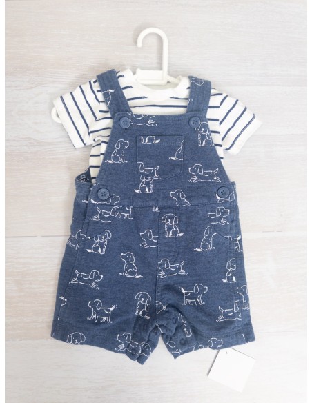 set enterizo azul con perros blancos y top rayas azules