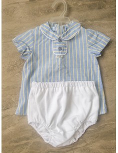 set calzon blanco y camisa celeste rayas amarillas