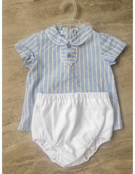 set calzon blanco y camisa celeste rayas amarillas
