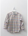 camisa manga larga blanca cuadros verdes con conchode vino y mostaza