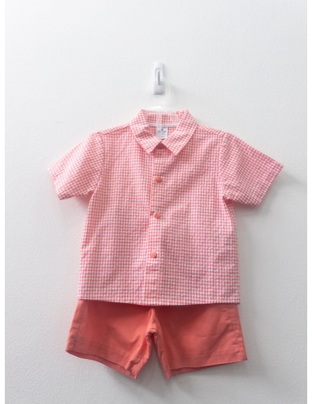 set camisa cuadros salmon y blancos y short salmon