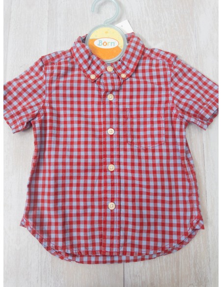 camisa manga corta cuadros celestes y rojos