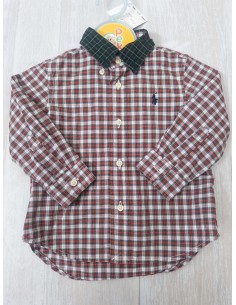 camisa manga larga cuadros rojos verdes y blancos, cuello verede