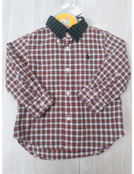 camisa manga larga cuadros rojos verdes y blancos, cuello verede