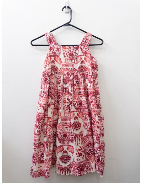 vestido beige con dibujos fucsias