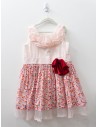 vestido top de lino palo rosa y falda de flores naranjas rosadas y turquesas con lazo rojo velvet