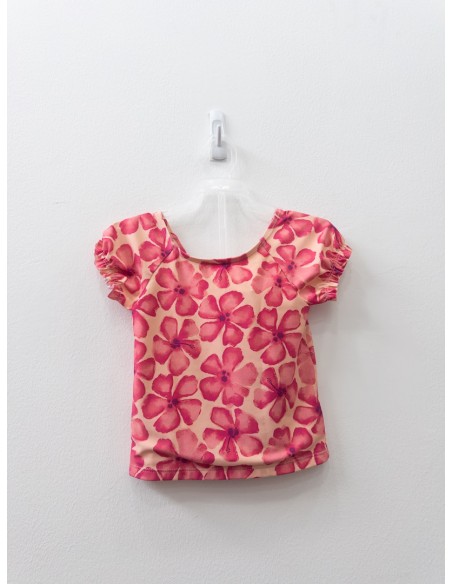 bikini top largo y calzon coral con flores fucsias