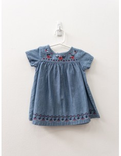 vestido denim con flores fucsias en cuello