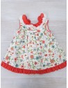 vestido blanco con flores y picaflor turquesa con cuello
