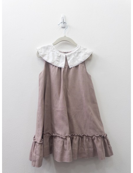 vestido lino rosado con cuello blanco