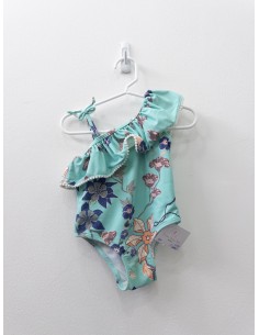 pantalon de bano turquesa con flores moradas y salmon