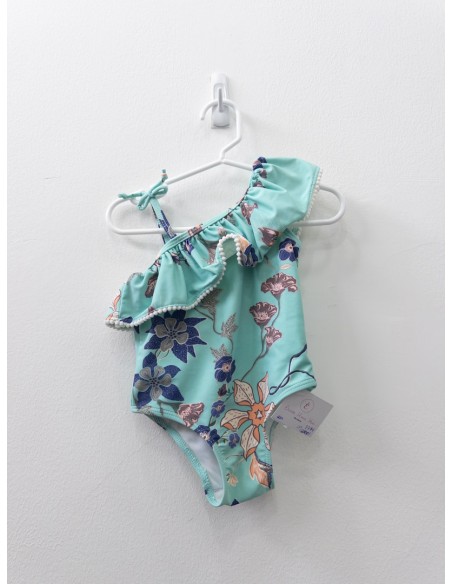 pantalon de bano turquesa con flores moradas y salmon