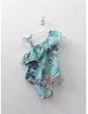 pantalon de bano turquesa con flores moradas y salmon