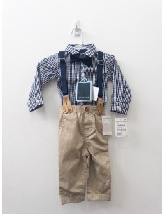 set pantalon beige con tirantes y camisa cuadros azul oscuro, nuevo con etiqueta