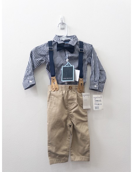 set pantalon beige con tirantes y camisa cuadros azul oscuro, nuevo con etiqueta
