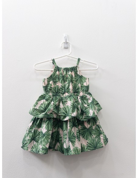 vestido vuelos rosado con hojas verdes