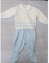 set pantalon tejido celeste y top beige con detalles celestes