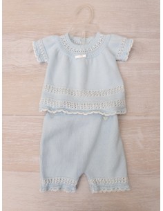 set tejido celeste, short con top