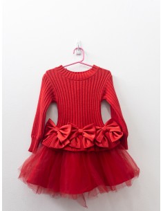 vestido tejido rojo, manga larga con tul
