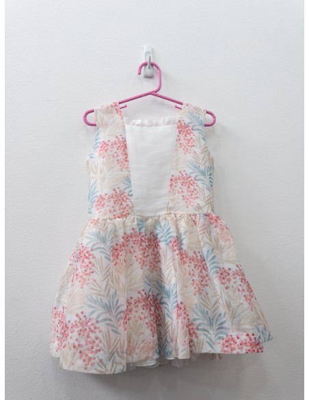 vestido blanco con rosadas turquesas y beige con centro blanco