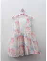 vestido blanco con rosadas turquesas y beige con centro blanco