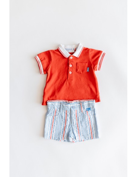 SET SHORT LINEAS CELESTES Y ROJAS, CAMISA POLO ROJA
