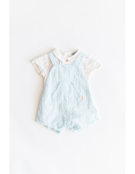 SET CAMISETA LINEAS CAFES Y ROMPER CUADROS CELESTES