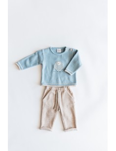 set  tejido top celeste pantalon beige