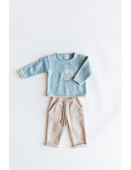 set  tejido top celeste pantalon beige