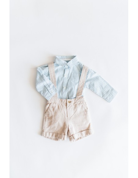 set camisa cuadros celeste y short beige de lino con tirantes