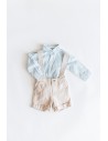 set camisa cuadros celeste y short beige de lino con tirantes