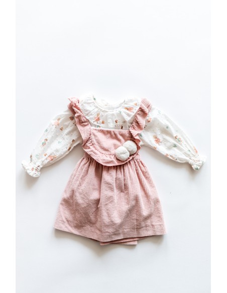 vestido gamuza rosado con camisa dibujoss