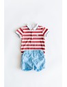 set short celeste y camiseta rayas rojas